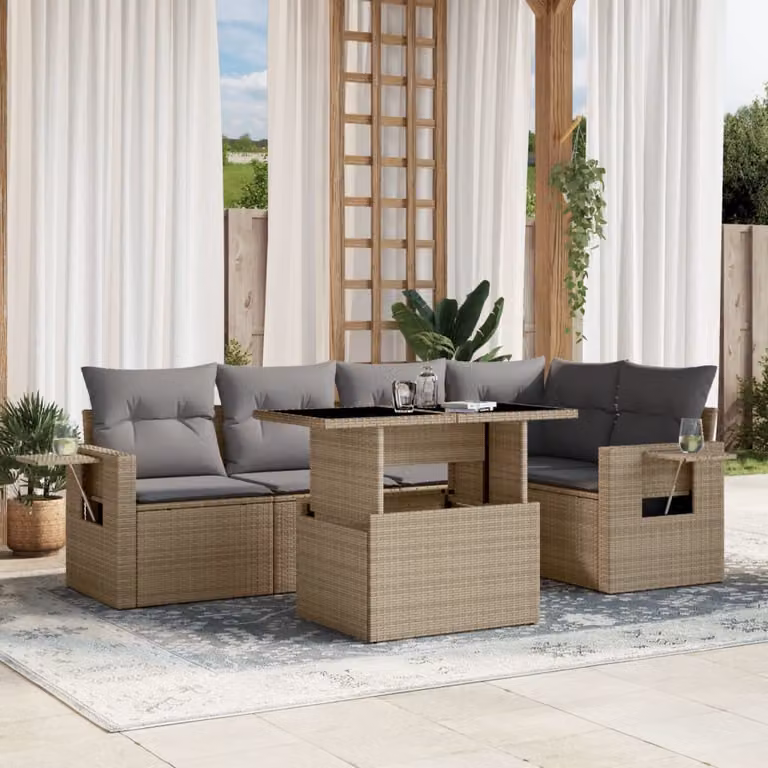 vidaXL Set Divano da Giardino a L in Polyrattan con Cuscini Beige e Tavolino, 6 Pezzi
