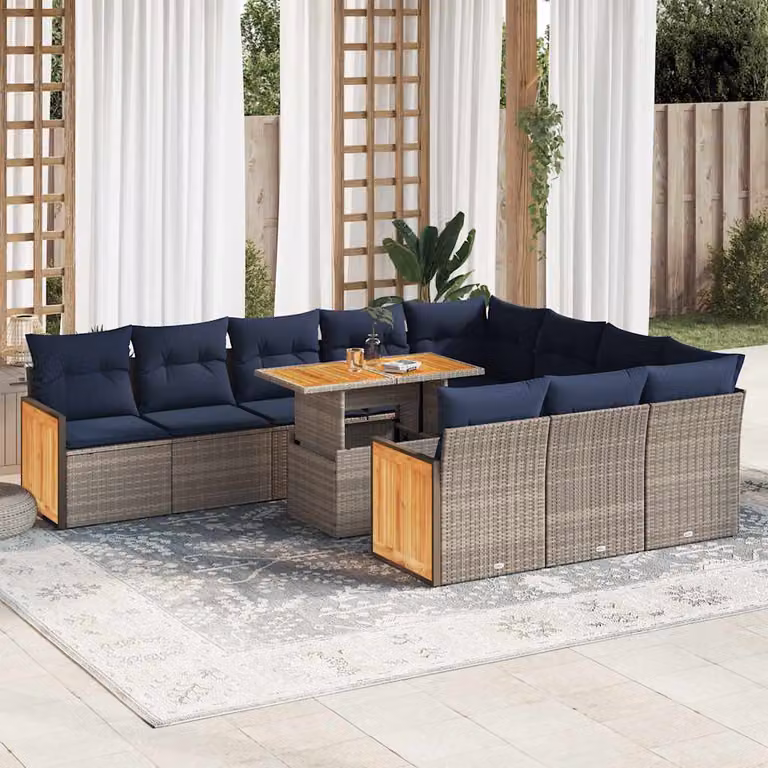 Set Divani da Giardino vidaXL 11 Pezzi in Polyrattan e Legno di Acacia con Cuscini Blu e Grigio a Forma di U