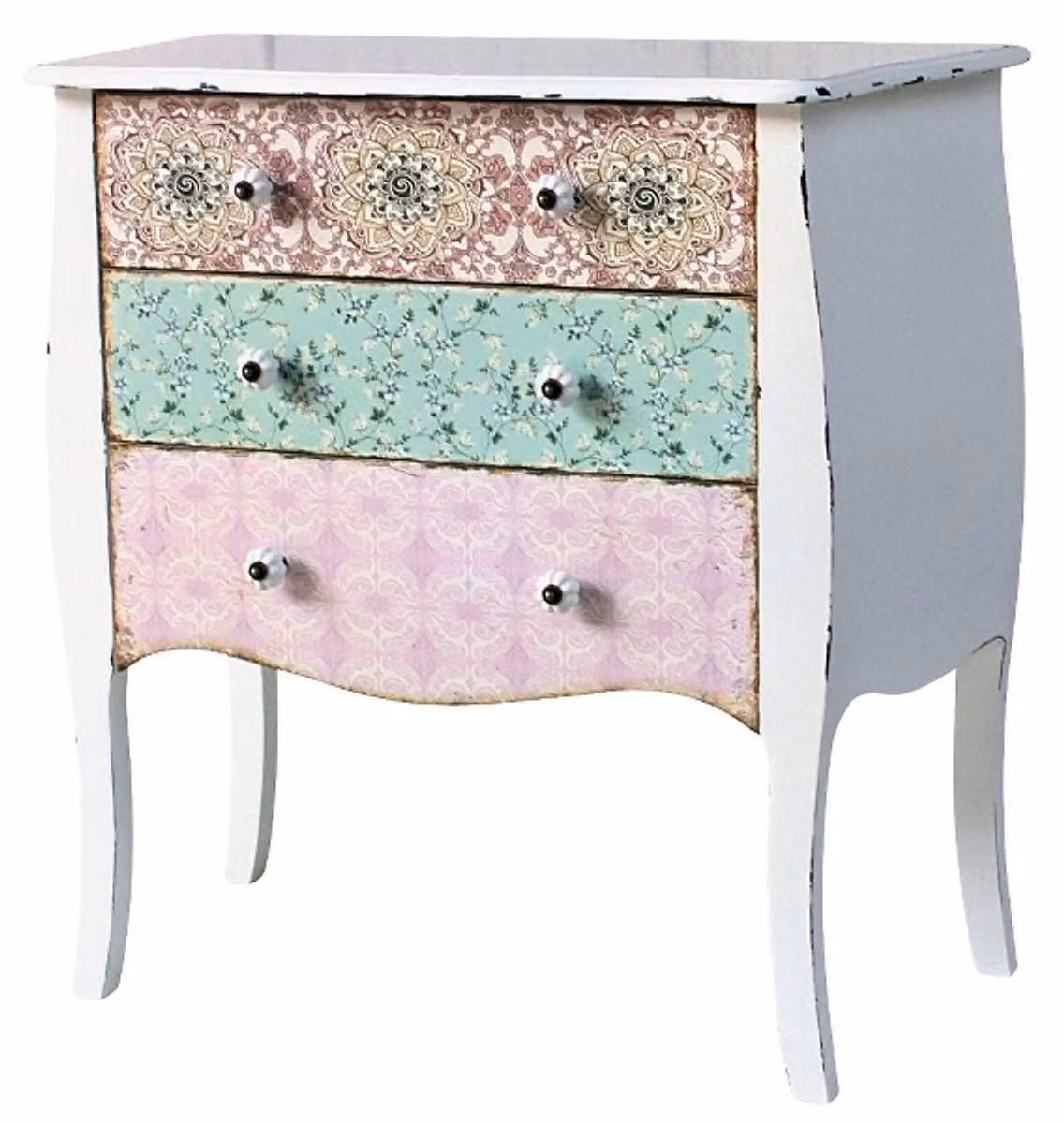 Comodino in stile rustico "Casa Padrino", finitura shabby chic in bianco anticato e colori assortiti, dimensioni 75 x 38 x 76 cm