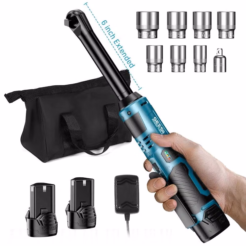 Avvitatore a cricchetto a batteria - Avvitatore angolare elettrico - Attacco quadrato da 0,95 cm - Coppia di 55 Nm - 12 V - Testa allungata da 15,2 cm - Motore brushless - Batteria e custodia per il trasporto