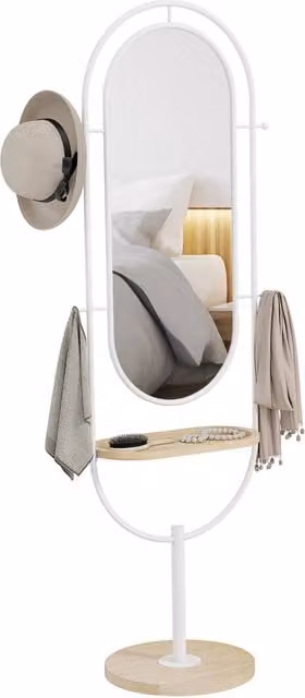 Specchio da terra Xylo con mensola e ganci in legno e metallo bianco H: 175,5 cm, L: 50 cm