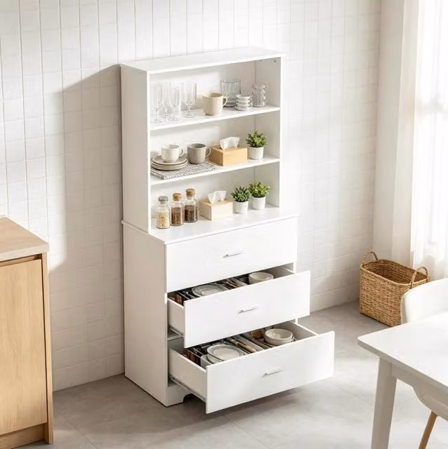 Libreria 79x39,5x182,2 cm in pannelli di particelle bianca, 3 cassetti, salvaspazio –