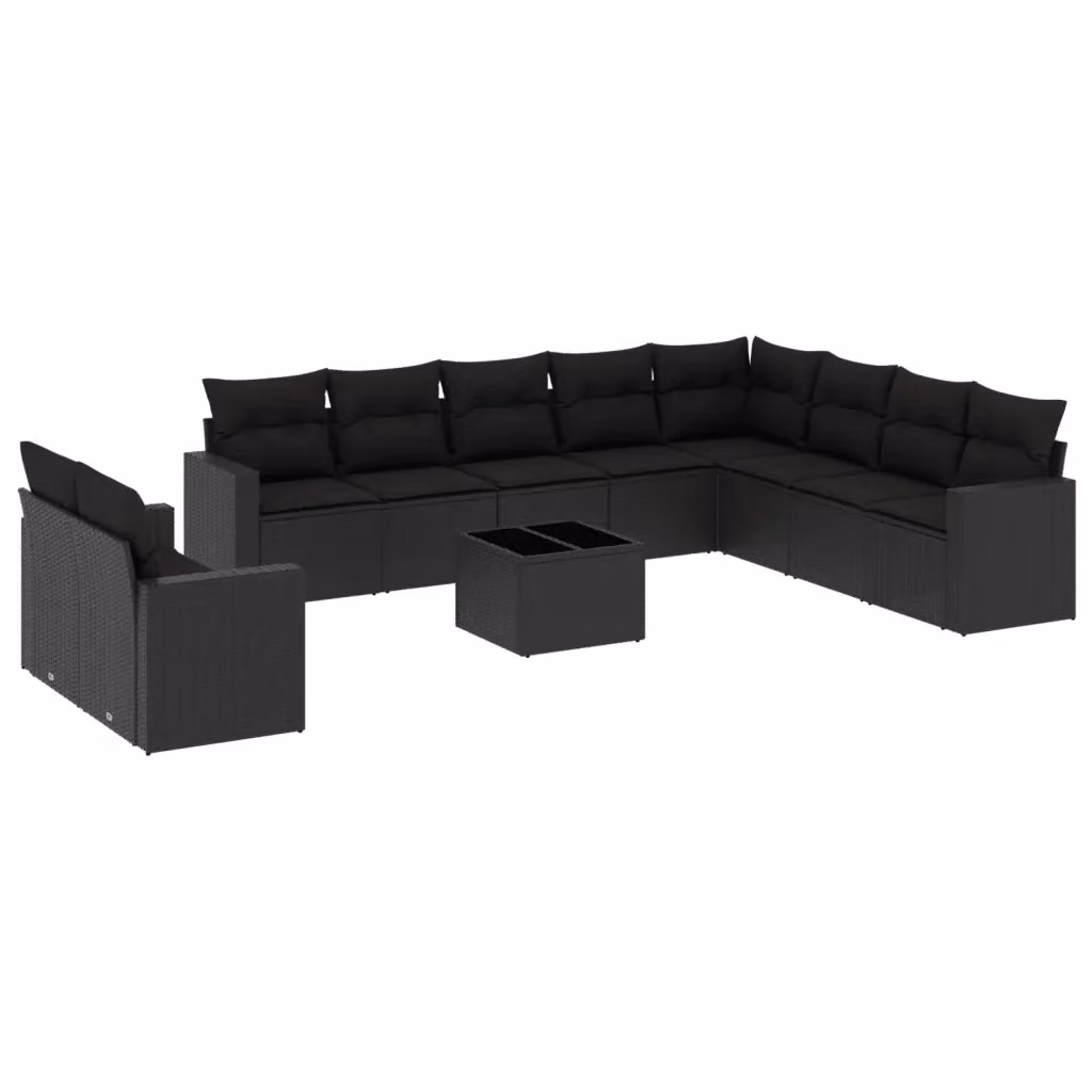 vidaXL Set Divani da Giardino 11 pz a Forma a U in Polyrattan Nero con Cuscini e Tavolino – 2