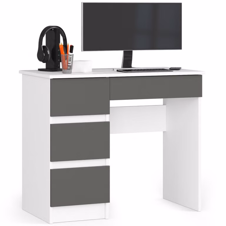 Scrivania per PC AKORD A7 sinistra bianco, grigio grafite con 4 cassetti L90xH77xP50cm