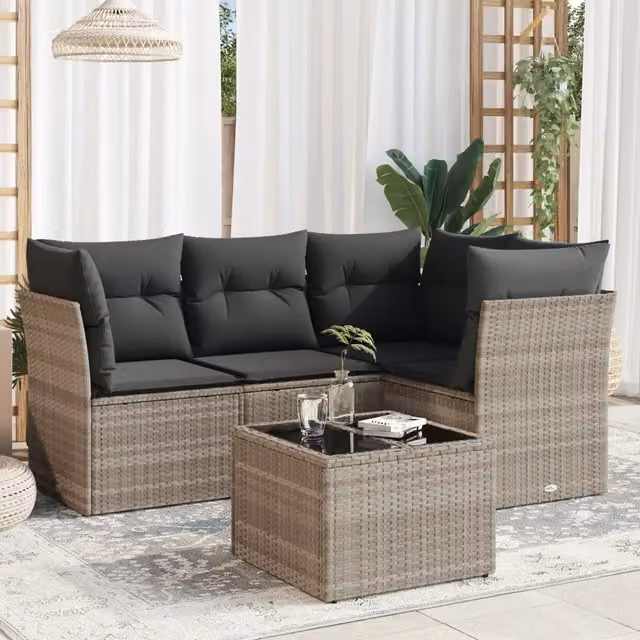 Set Divano da Giardino 5pz con Cuscini-Sofa da Giardino-Divanetto da esterno Grigio Chiaro Polyrattan 214137