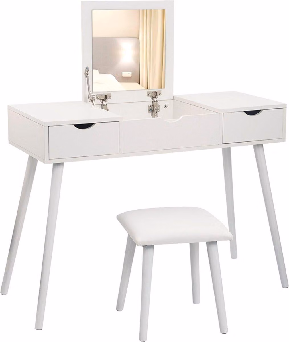 Happyment® Luxe - Tavolino da toilette con specchio - Bambini e adulti - Tavolino da trucco per ragazze - Bianco con 2 cassetti e sgabello