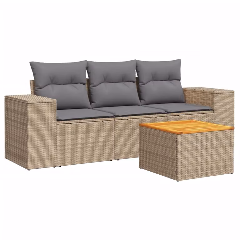Set Divano da Giardino 4 pz con Cuscini Beige in Polyrattan