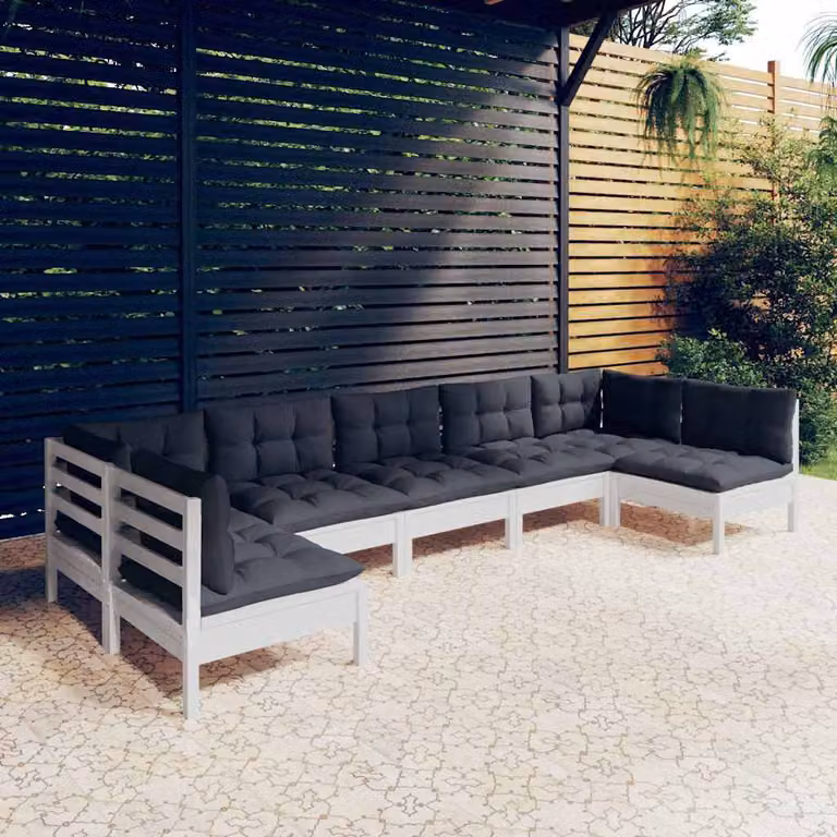Set di divani da giardino vidaXL a forma di L composto da 7 pezzi in legno di pino con cuscini bianchi