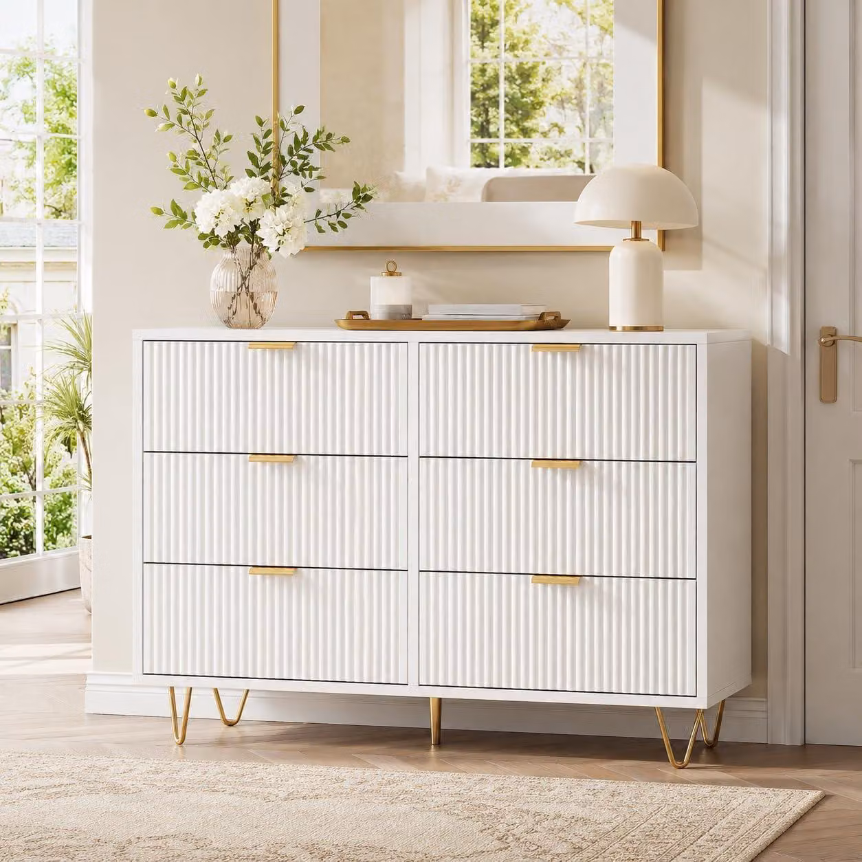 Comodino INONEFT con 6 cassetti, bianco; mobile contenitore laterale con spazio di archiviazione, cassettiera per vestiti e giocattoli, ideale per soggiorno, ingresso, dimensioni 100x34x73 cm