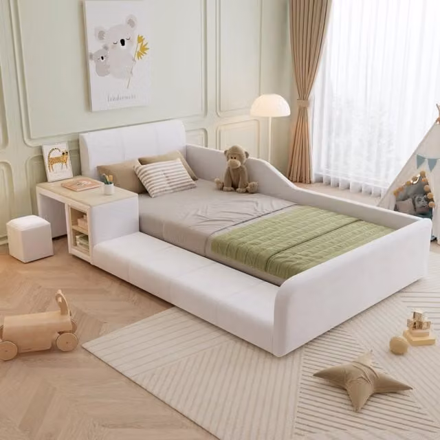 Letto singolo con scrivania e sgabello in velluto bianco 90x200 cm