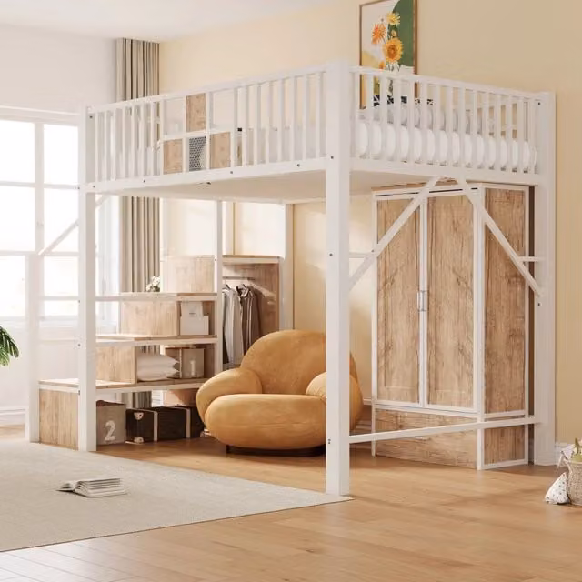 Letto a soppalco 140 × 200 cm con armadio, cassetto e scala contenitore, senza materasso, in metallo e legno bianco