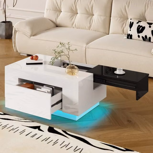 Tavolino da caffè moderno MODFU con piano estraibile e cassetto, bianco e nero, L: 80 cm, P: 50 cm, H: 35,5 cm