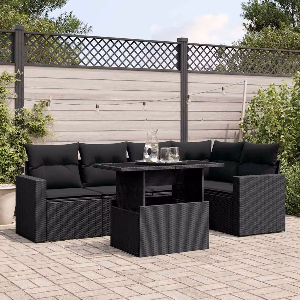 vidaXL Set Divano da Giardino a L in Polyrattan Nero con 6 Pezzi e Cuscini Imbottiti – 1