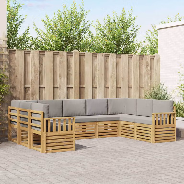 vidaXL Set di divani da esterno 7 pz in legno di acacia con cuscini, Bianco, Grigio e Marrone