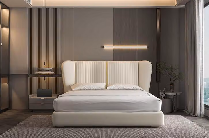 Luxusbett Beige Modernes Polsterbett Komfort Schlafen Stilvolles Design Bett