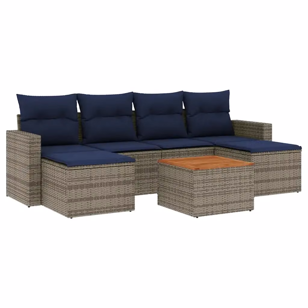 Set di Divani da Giardino a L di vidaXL in Polyrattan con Cuscini Grigio e Blu, 7 Pezzi – 2