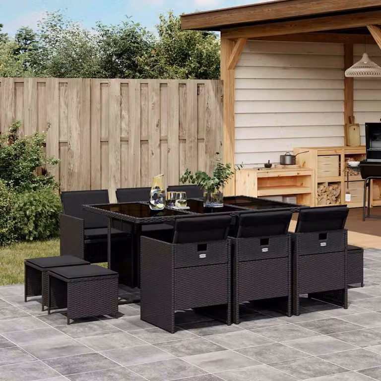 vidaXL Set da Pranzo da Giardino 11 pz in Polyrattan Nero con Cuscini e Tavolo in Vetro