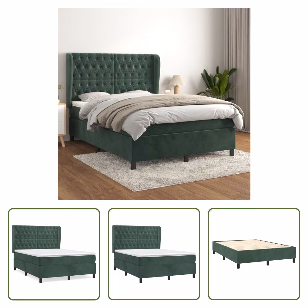 The Living Store Letto a molle con materasso verde scuro 140x190 cm in velluto