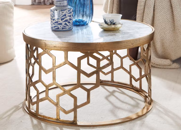 FineBuy Tavolino da caffè in vero marmo bianco 60x60x36 cm Metallic Gold | Tavolino da salotto di design rotondo | Tavolino da caffè moderno |