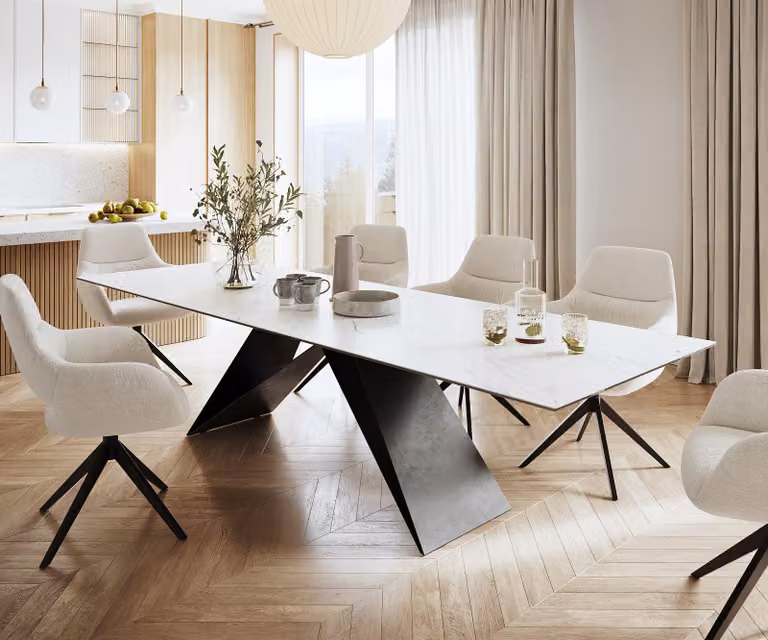 Tavolo da pranzo DELIFE Edge 300x100 cm Vetroceramica Laminam® Statuarietto Bianco Piedino centrale a V Nero