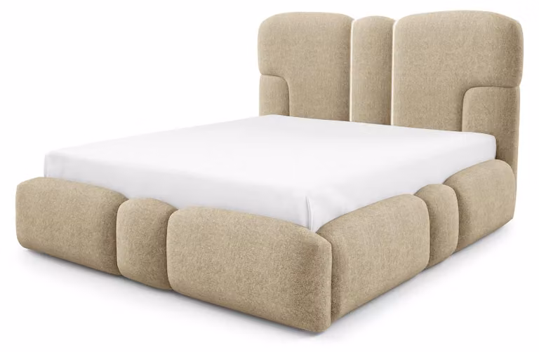 Letto imbottito con contenitore integrato, modello Puffra, colore oro, dimensioni 140 x 200 cm