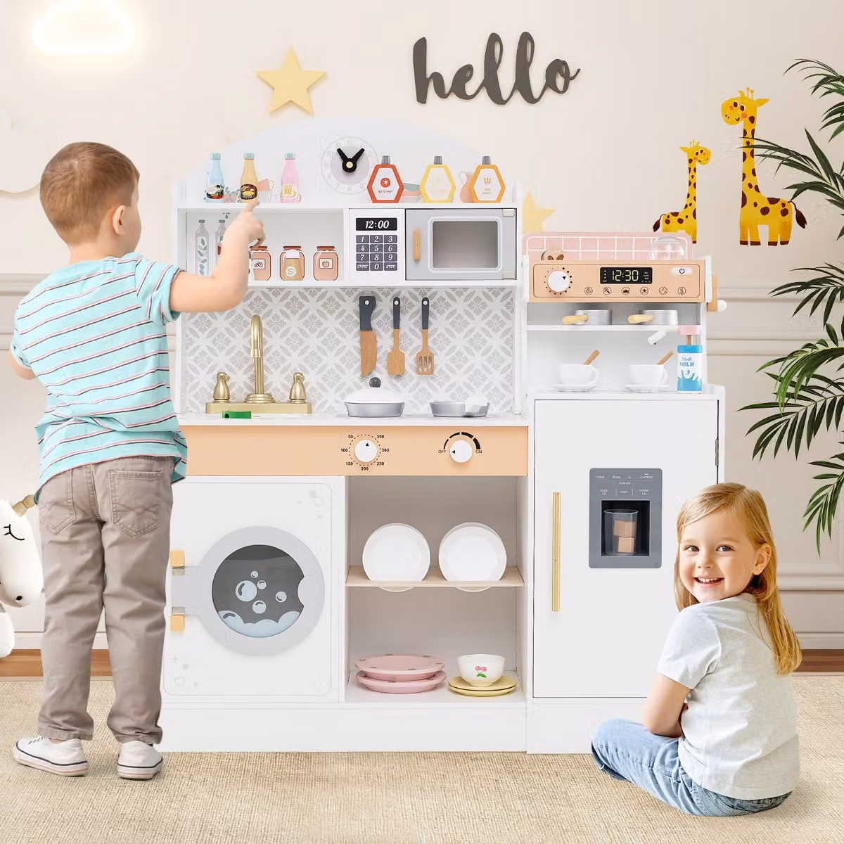Set cucina per bambini Costway in legno con spazio di conservazione e accessori, colore bianco