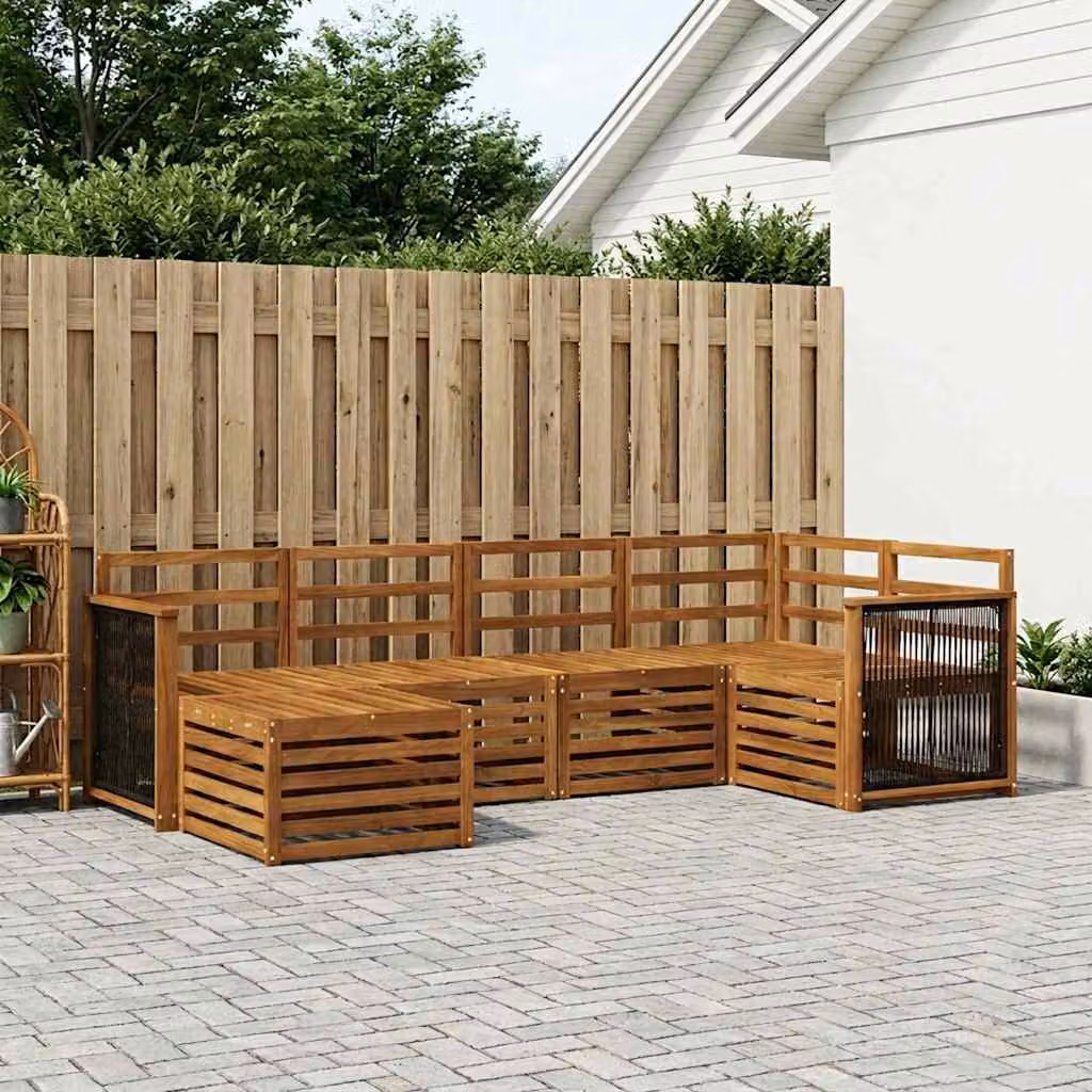 vidaXL Set di divani da esterno 5 pz in legno di acacia massello marrone con cuscini e pouf in stile moderno per giardino e terrazza