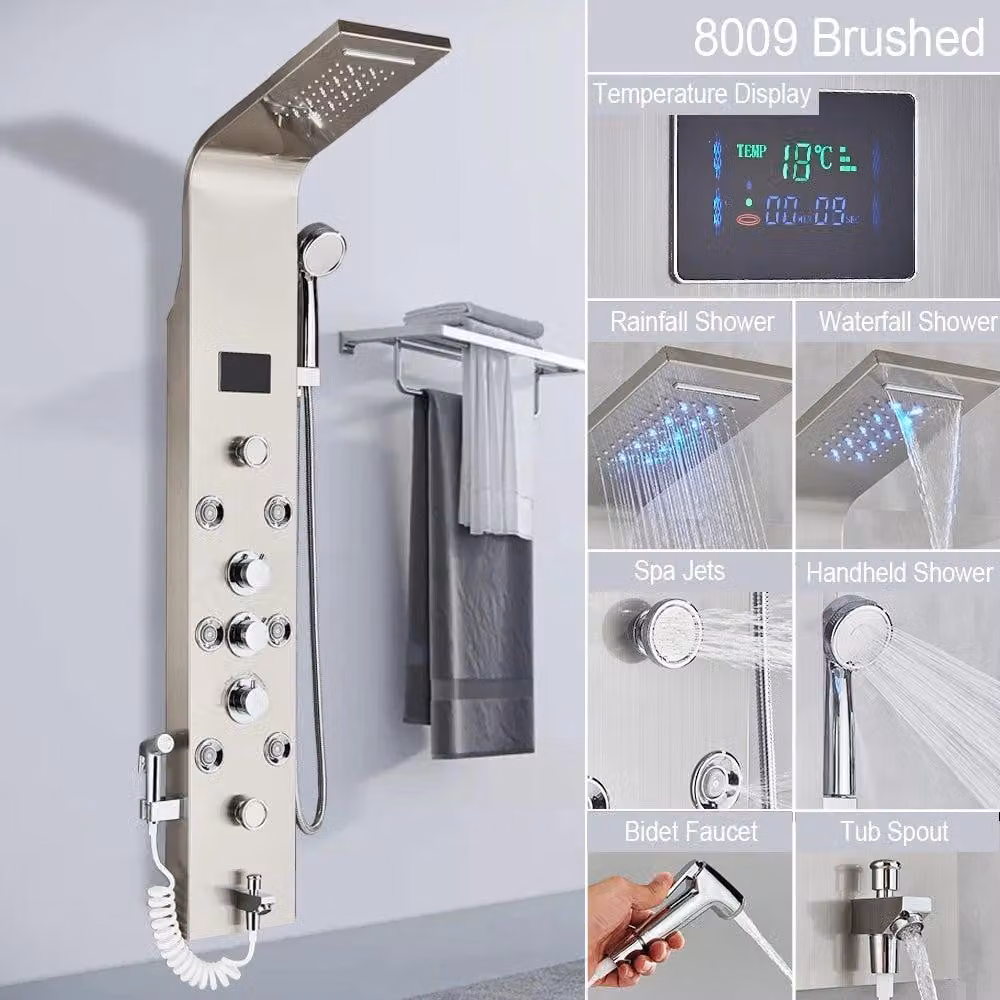 Sistema doccia a LED nero con getti massaggio a cascata e tre miscelatori per il bagno