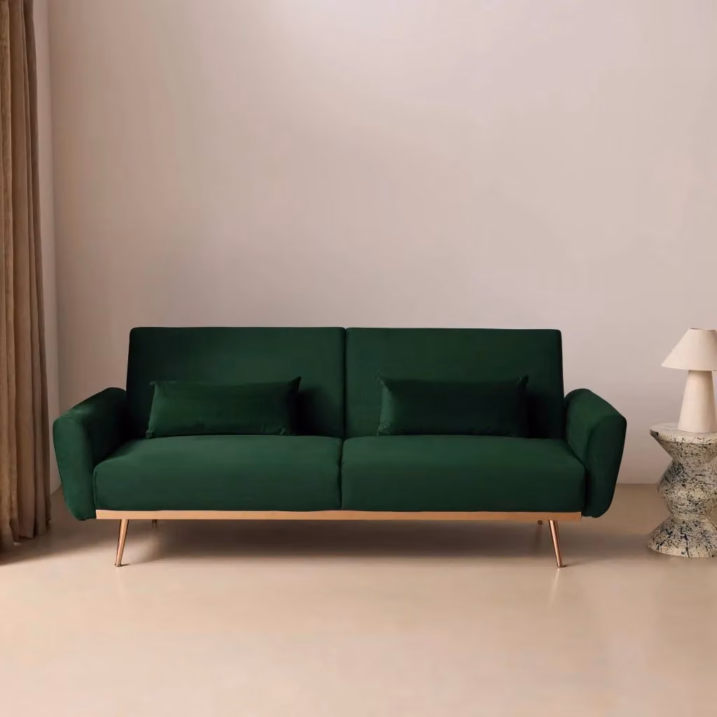 Divano letto a 3 posti Sweeek in velluto verde e oro con struttura in legno massiccio e funzione letto L: 206.5 cm, P: 84 cm, H: 44 cm – 2