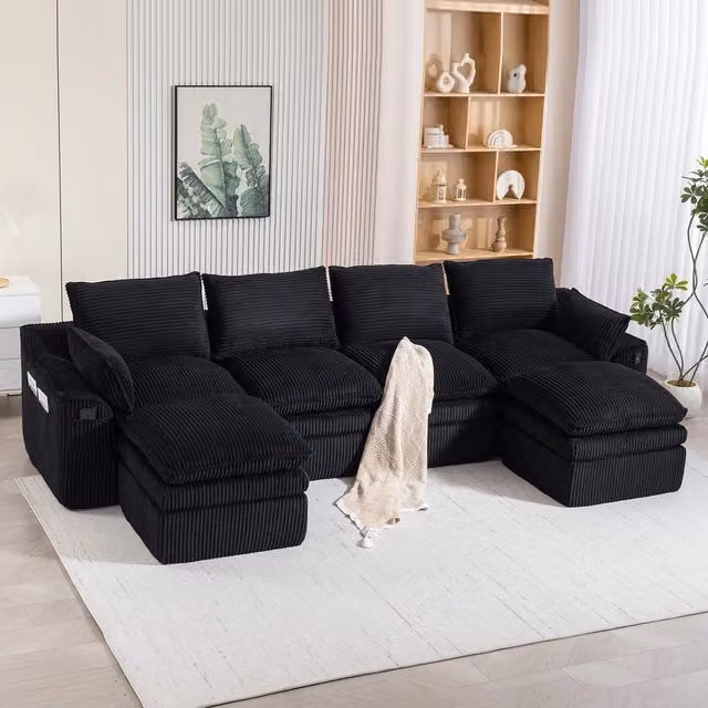 Divano Modulare Xylo a 4 Posti con 2 Pouf Nero in Tessuto a Coste e Velluto con Cuscini Inclusi