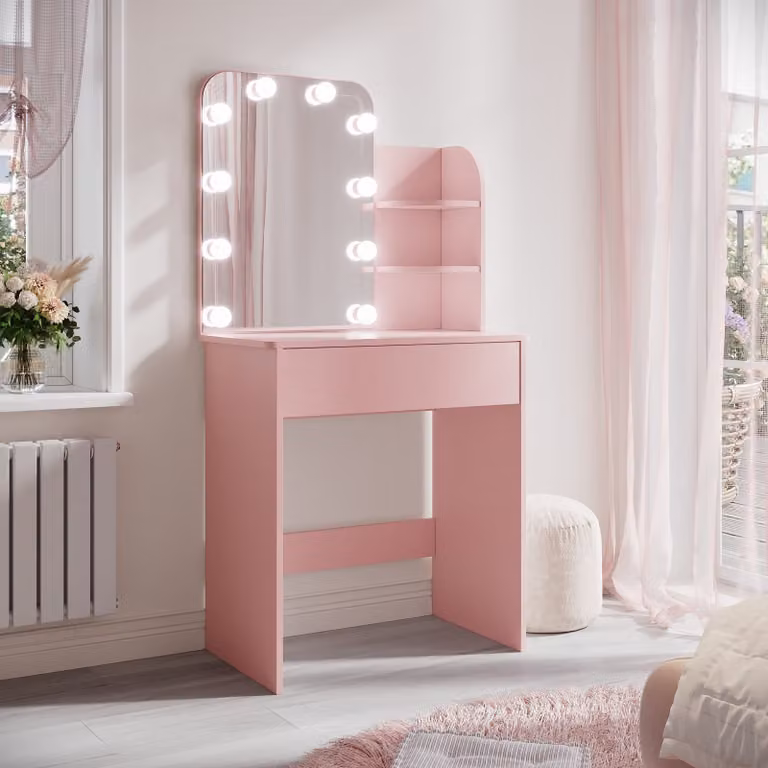 SONNI Cassettiera rosa, 70x40x140cm cassettiera compatta con specchio a lampadina tricolore, luminosità regolabile, cassettiere con cassettiere