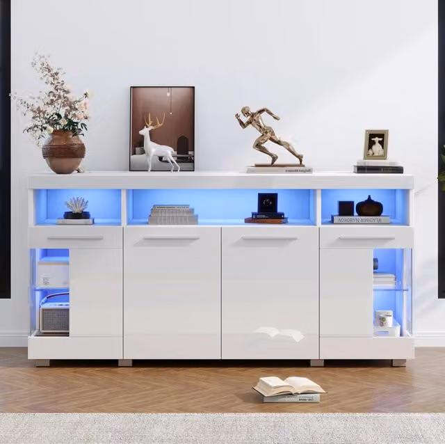 Sideboard moderno bianco lucido con luce a LED e vetro temperato L/P/H: 140 x 40 x 70 cm