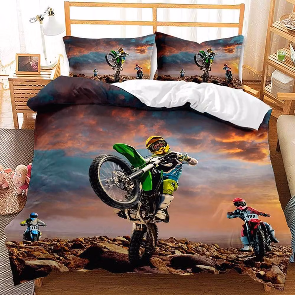 Solidchoice - Set di lenzuola e copripiumino 3D a tema motocross per ragazzi