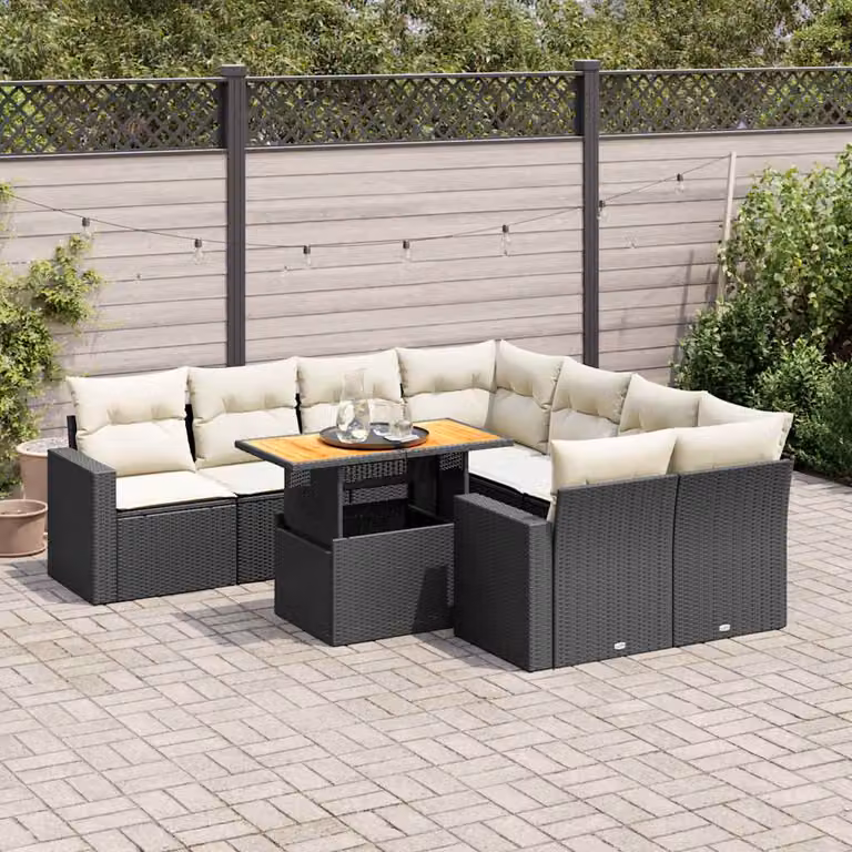 Set di divani da giardino vidaXL 9 pezzi in rattan e legno di acacia oliato con cuscini nero e bianco per esterno e terrazza