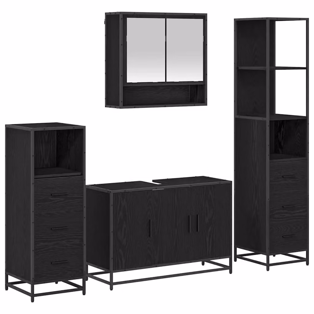 Set di mobili per il bagno vidaXL 3 pezzi in rovere e metallo nero con armadietto specchiato, mobile lavabo e colonna alta – 2
