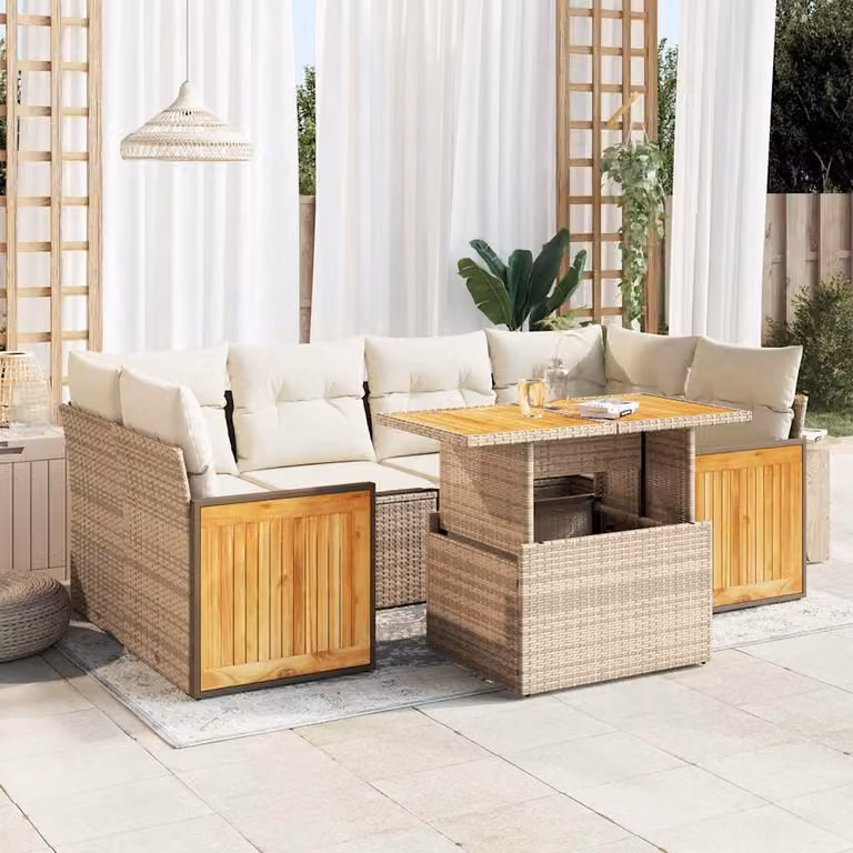 Set Divani da Giardino vidaXL 7 Pezzi a Forma di U in Polyrattan con Cuscini Beige e Tavolino da Esterno in Legno di Acacia