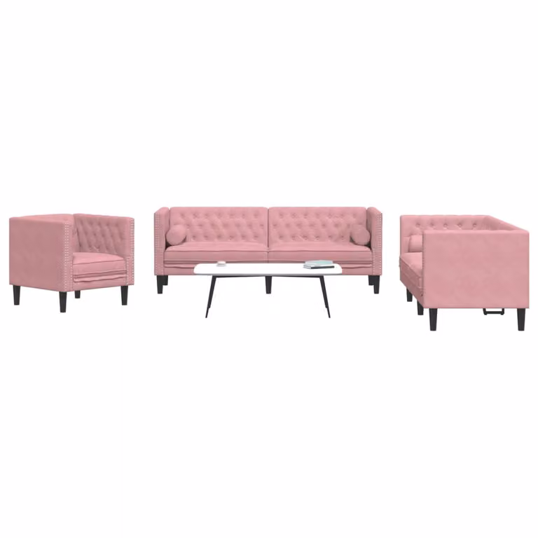 Set di Divani Chesterfield vidaXL in Velluto Rosa con Cuscini, Composto da un Divano a 3 Posti e un Divano a 2 Posti con Struttura in Legno Solido