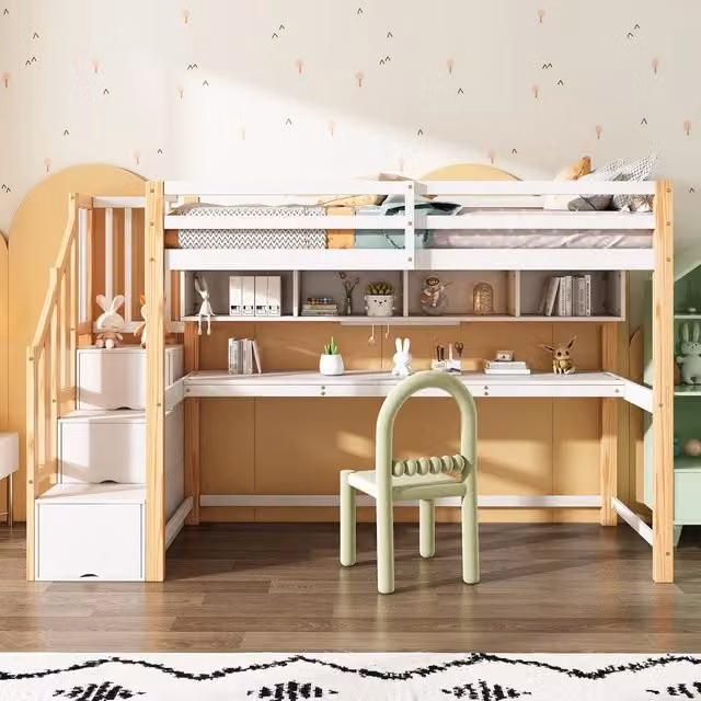 Letto a Soppalco con Scrivania e Ripiani per Bambini ¨C Xylo ¨C Bianco e Naturale