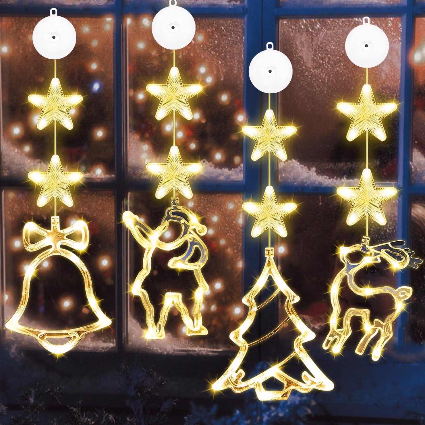 Set di luci natalizie a LED, composto da 4 elementi, con forma a stella e altri motivi, luce bianco caldo, con timer e ventose adesive