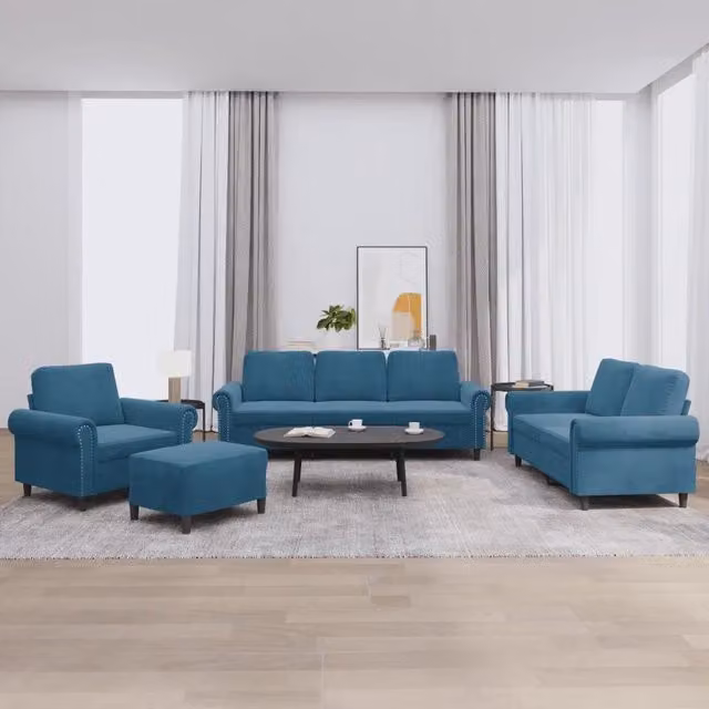 Set di divani moderno vidaXL in velluto blu composto da divano a 3 posti, divano a 2 posti, pouf e cuscini coordinati – 1