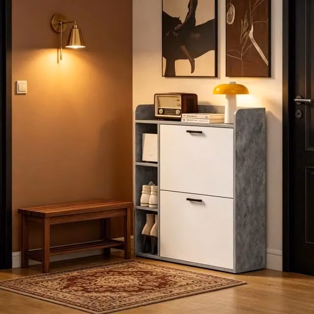 Scarpiera 83x24x90.5 cm con 2 ante a ribalta e ripiani regolabili in pannello truciolare grigio e bianco