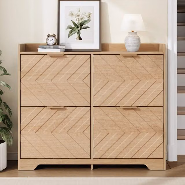 Scarpiera OKWISH beige con vani a ribalta e ante a battente in MDF per ingresso e corridoio, H 90 cm x L 105 cm x P 24 cm