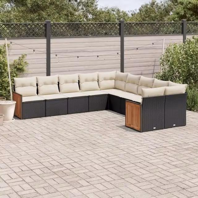 Set Divani da Giardino 10pz con Cuscini in Polyrattan Nero 3228030