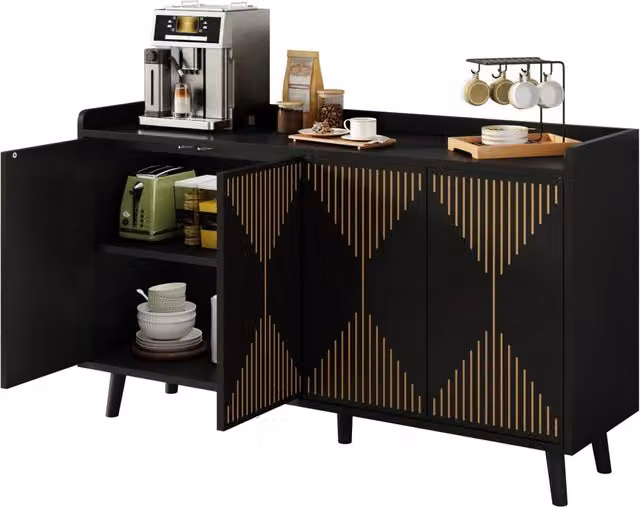 Credenza moderna in MDF nero per cucina e soggiorno con 4 ante, vano aperto e ripiani regolabili, L: 140 cm, P: 40 cm, H: 84 cm