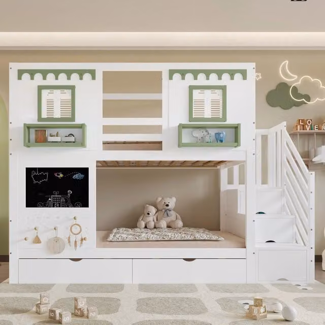 Letto a castello per bambini REDOM in legno e MDF, Bianco e Verde, L/P/H: 90 x 200 cm