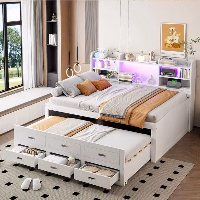 Letto singolo 90x200 cm con letto estraibile; LED; 3 cassetti; USB e USB C; MDF e truciolare; bianco