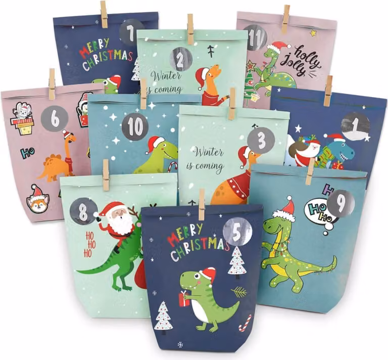 Calendario dell'Avvento 24 buste con motivo dinosauro auto-riempitivo e appeso
