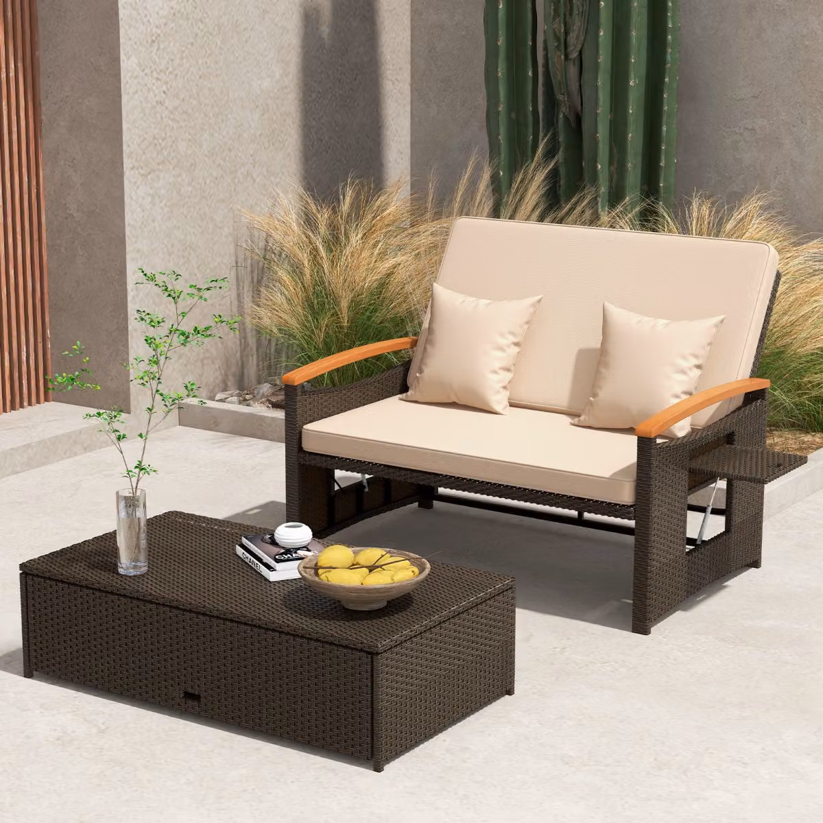 Costway Divano Letto Click-Clack in Rattan con Struttura in Metallo e Legno di Acacia, Disponibile in Marrone, Beige, Blu o Rosso – 3