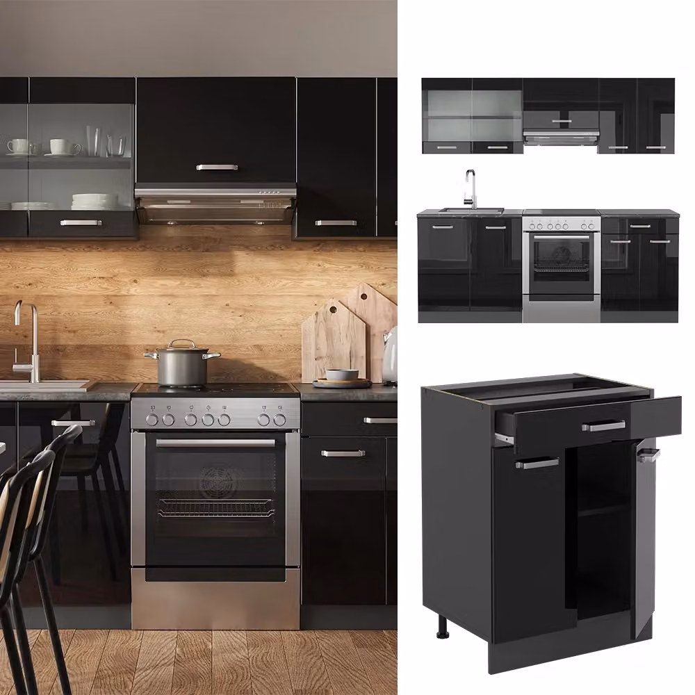 Cucina componibile moderna Vicco R-Line in legno e metallo, Nero lucido e Antracite, L: 200 cm, P: 60 cm, H: 81,6 cm – 2