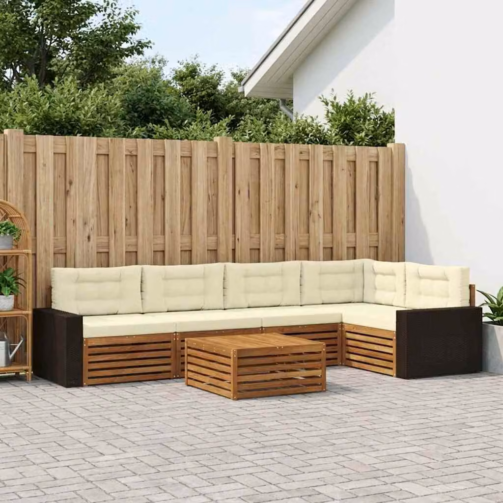 vidaXL Set di divani da esterno a L composto da 6 pezzi con tavolino, in legno di acacia e tessuto resistente ai raggi UV, Colore Beige e Marrone